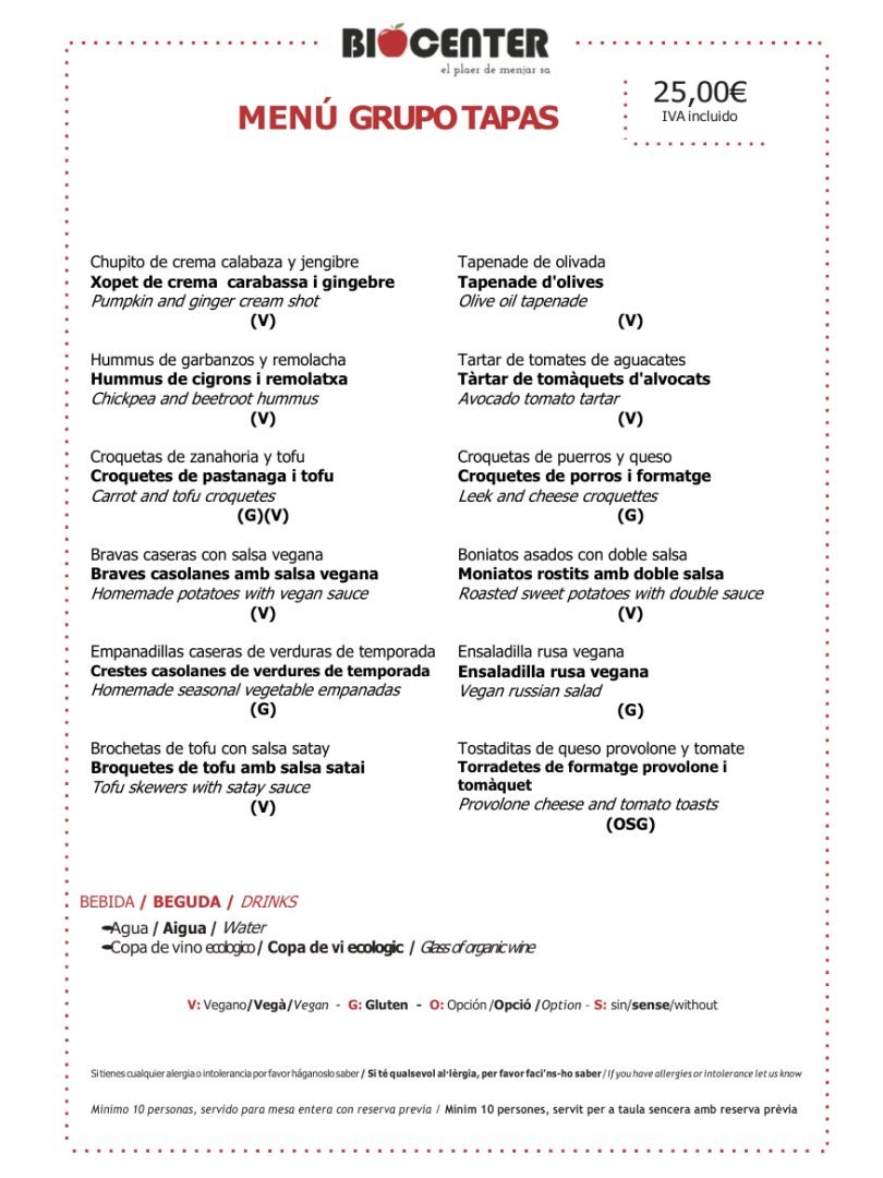 Menú Grupo Biocenter Tapas